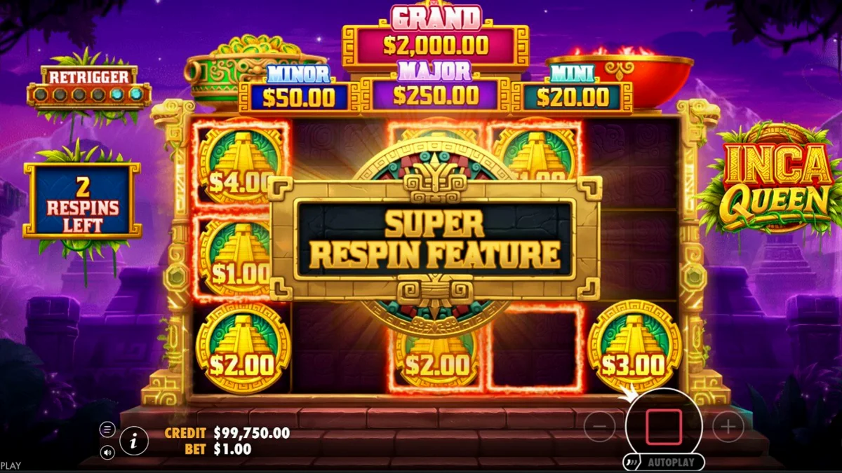 Tampilan visual slot Inca Queen dengan latar belakang pegunungan dan simbol koin emas yang bersinar.
